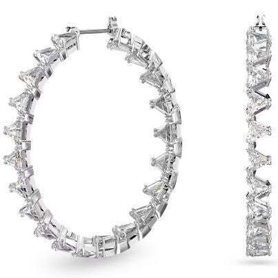 Ortyx circular earrings, triangle pieces, large, white, rhodium plated