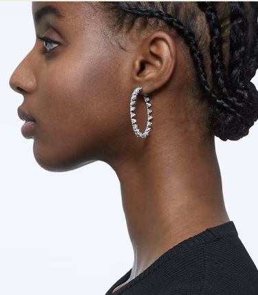 Ortyx circular earrings, triangle pieces, large, white, rhodium plated