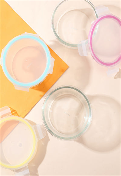 حاوية طعام زجاجية دائرية من البورسليكات عالية 350 مل (وردي)