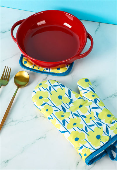 مجموعة قفازات الفرن وحوامل الأواني من سلسلة الزهور (وردي / أصفر)