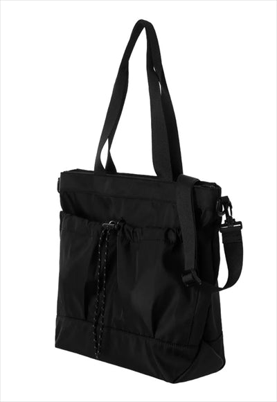 Shoulder bag with drawstring and double pockets (black)