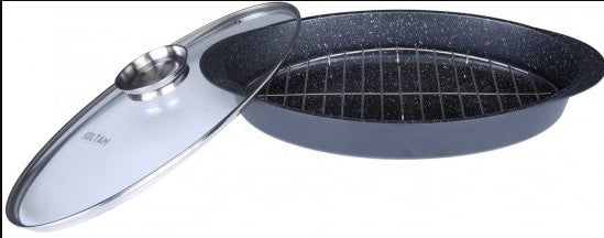 وعاء تحميص بيضاوي مقاس 42 × 23 سم مزود بشبكة شواء من حجر سلطام المعدني