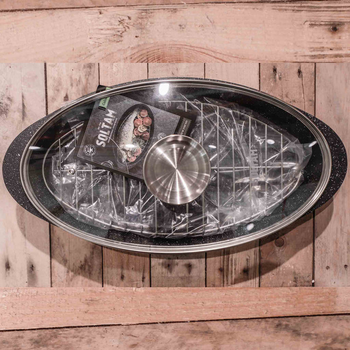 وعاء تحميص بيضاوي مقاس 42 × 23 سم مزود بشبكة شواء من حجر سلطام المعدني