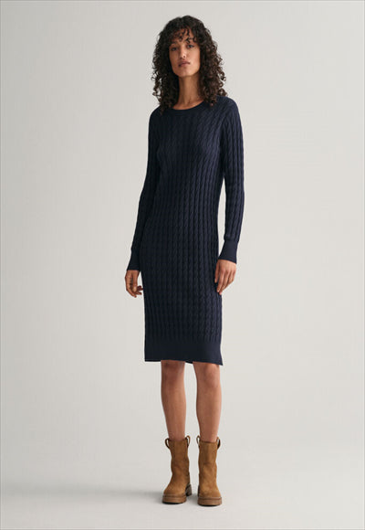 STRETCH COTTON CABLE C-NECK DRESS