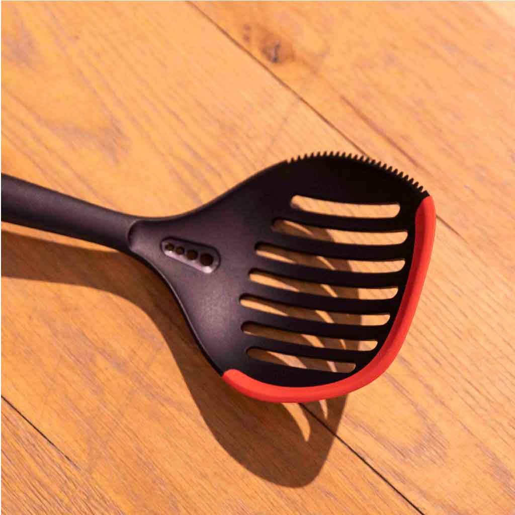 Black nylon strainer spoon with red silicone 34 cm