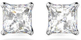Square cut earrings, small, white, rhodium-plated