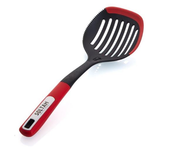 Black nylon strainer spoon with red silicone 34 cm