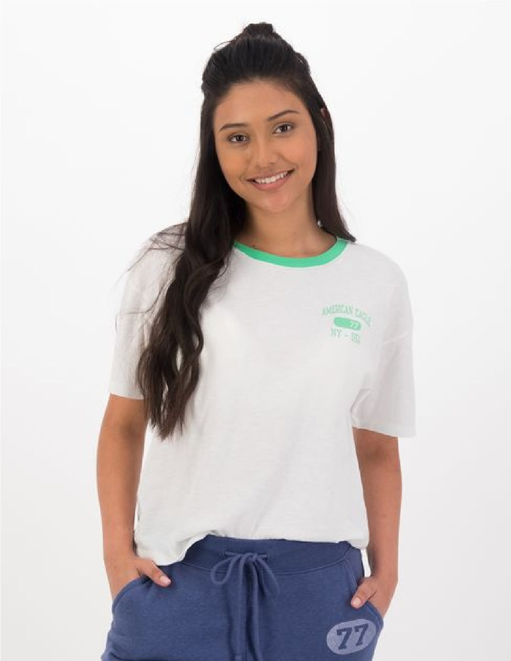 Half-sleeve blouse in white and green colors