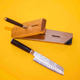 Knives on Wooden Block + Hammered Stainless Steel Handle Set
