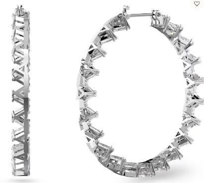 Ortyx circular earrings, triangle pieces, large, white, rhodium plated