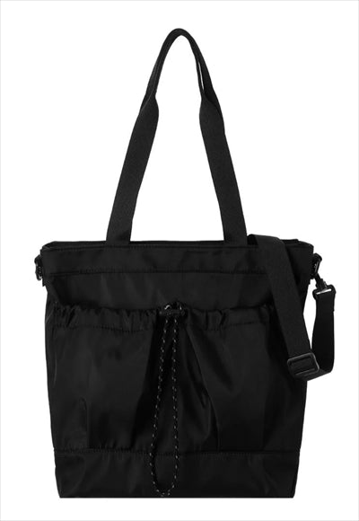 Shoulder bag with drawstring and double pockets (black)